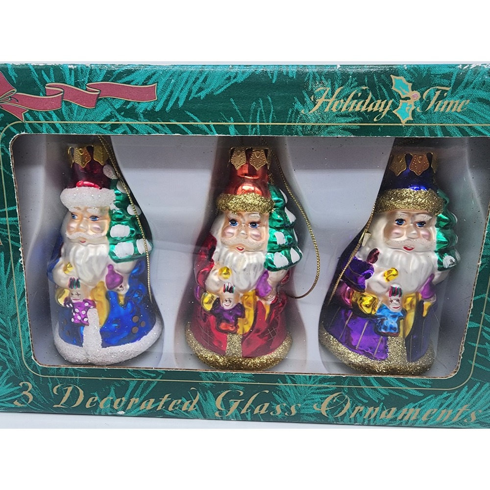 Holiday Time 3 Piece Decorated Glass Santa Claus Ornament Blue Red Purple G95146